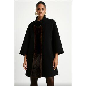 Hilary Radley Black Women's Alpaca Coat Superfine Black Overcoat mink fur Size 4